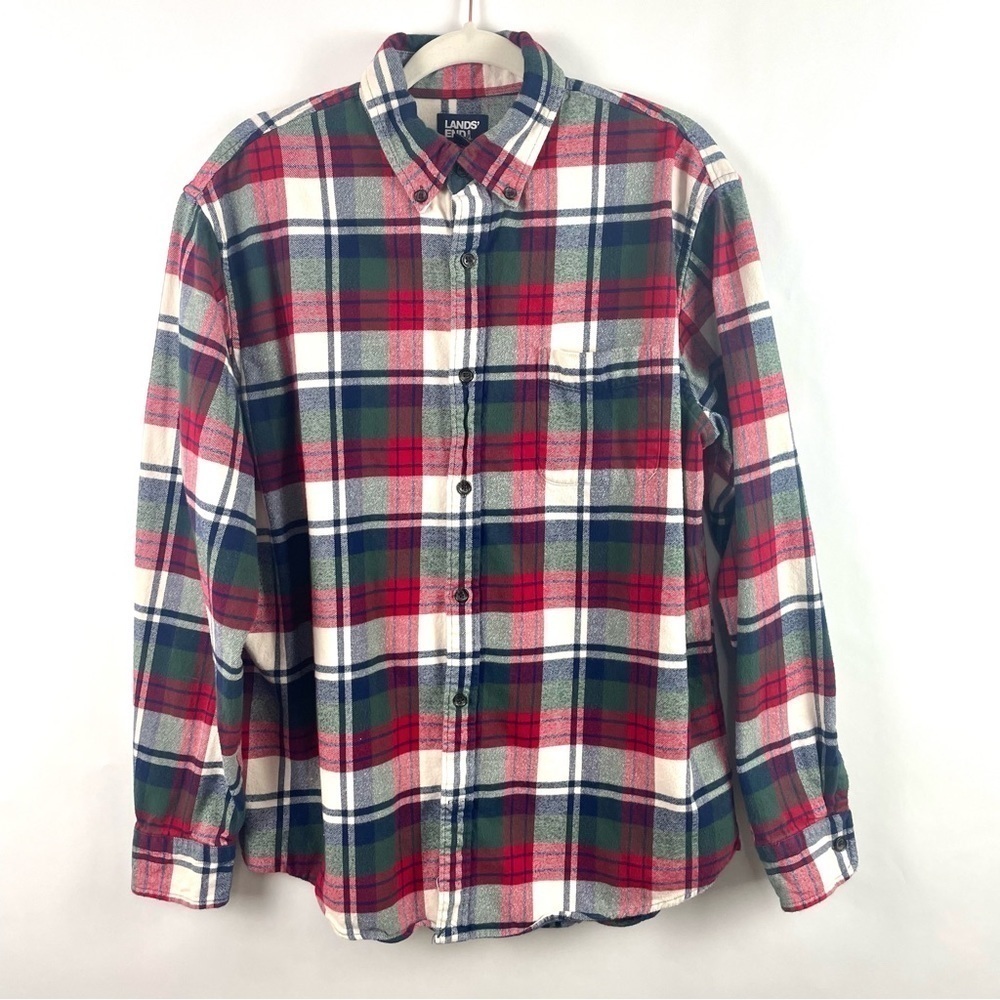 Lands' End Men's Flannel Button Up Plaid Shirt Standard Fit 100% Cotton‎ Soft L